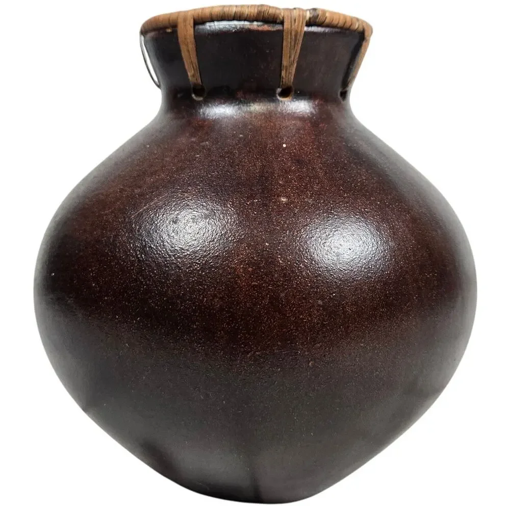 Vintage Dark Brown Gourd Vase‎ Decorative Rustic Woven Neck Accent - Picture 2 of 8